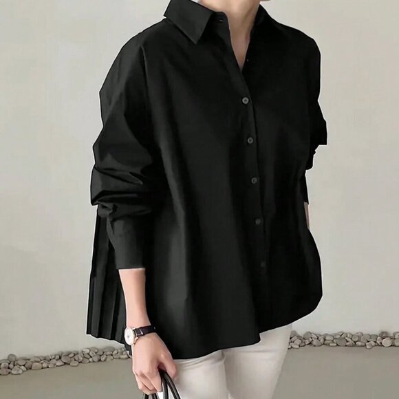 Black Casual Women's Loose Pleated Oversize Elegant Long-sleeved shirt - Picture 3 of 4